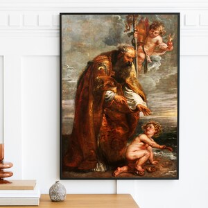May include: A painting depicting a religious scene with a bearded man in a red and gold robe, a winged angel holding a heart, and a nude child on a beach. The man is holding a staff and appears to be blessing the child.