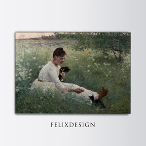 Elin Danielson-Gambogi - Girl With Cats In a Summer Landscape (1892) | Vintage Wall Art Print Woman Decor | Printable Digital Download