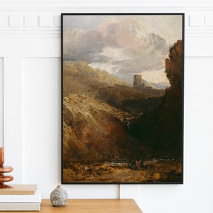 May include: A painting of a landscape with a tower in the distance. The sky is cloudy and the ground is rocky. The painting is in a black frame.