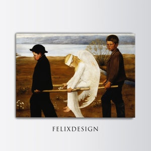 May include: A painting depicting three figures in a landscape setting. A winged angel figure sits on a stretcher carried by two young boys. The angel is wearing a white robe and has a blindfold over its eyes. The boys are dressed in dark clothing. The background features a body of water and trees.