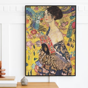 Gustav Klimt - Woman with Fan (1917) - Gallery Clothes Girl Colourful Flowers Woman Painting Poster Print Wall Art Vintage - Digital Art