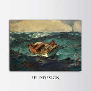 Könnte beinhalten: Ein Gemälde, das einen Mann in einem kleinen Boot zeigt, das von Haien in einem stürmischen Meer umgeben ist. Der Mann sitzt im Boot und blickt auf den Sturm. Die Haie kreisen um das Boot, ihre Flossen sind über dem Wasser sichtbar. Das Gemälde ist in einem realistischen Stil gehalten, mit einem Fokus auf die Details der Szene.