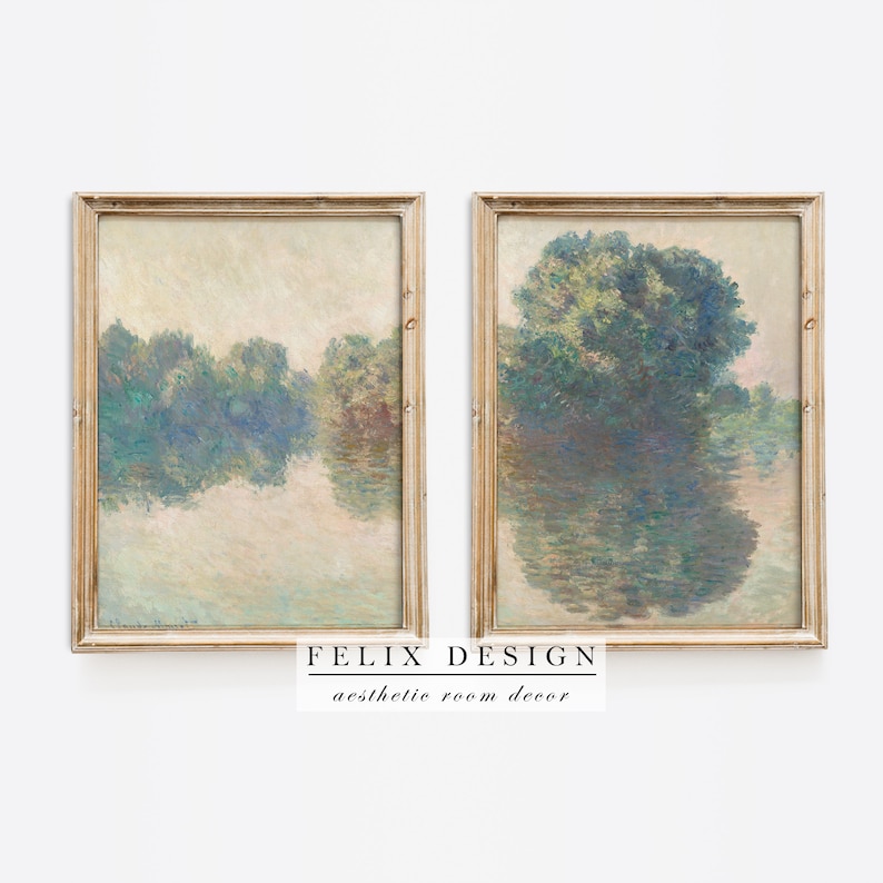 May include: Two framed landscape paintings with a vintage aesthetic. The artwork depicts a serene river scene with trees reflected in the water. The frames are gold-toned. The bottom of the image has the text "FELIX DESIGN aesthetic room decor."