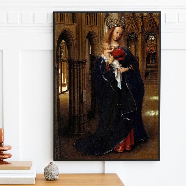 Jan Van Eyck - The Madonna in the Church (1438) - Vintage Oil Painting - Brown Baby Church Black Dark - Antique Wall Art Print - Instant Art