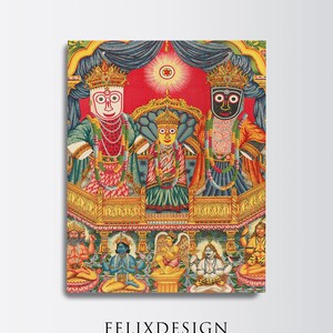 May include: A colorful painting depicting three deities seated on a throne. The central deity is yellow and has a crown, the deity on the left is white and has a crown, and the deity on the right is black and has a crown. The deities are surrounded by other figures.