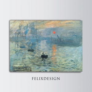 May include: A painting depicting a sunrise over a harbour with ships and a small boat in the foreground. The sky is a pale blue with wispy clouds and the sun is a bright orange.