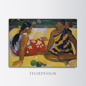 Op de afbeelding: Een print van een schilderij met twee zittende figuren op een gele ondergrond. Eén figuur draagt een rode jurk met witte bloempatronen, de ander een blauw en geel gestreept kledingstuk. Groene vruchten en een klein doosje staan op de voorgrond.