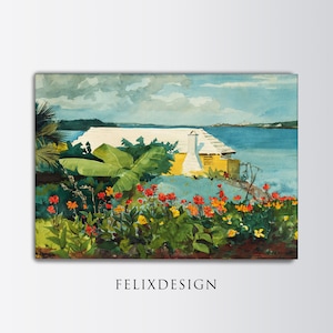 Winslow Homer - Flower Garden and Bungalow, Bermuda (1899) | Vintage Painting Landscape Print | Ocean Wall Art | Frame TV | Printable Art