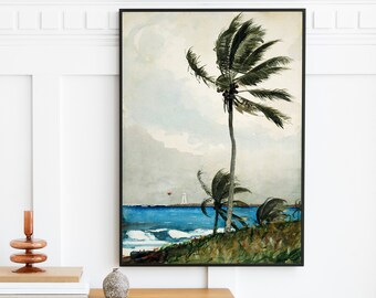 ウィンスロー・ホーマーのヤシの木の版画：ナッソービーチの絵画、海岸