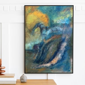 May include: Abstract painting in a black frame. The artwork features a blend of colors, including blues, yellows, and greens, creating a textured, expressive composition. The painting has a dynamic, flowing quality, with visible brushstrokes and a sense of depth.