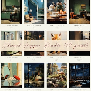 May include: A collage of 10 paintings by Edward Hopper, each depicting a different scene. The paintings are arranged in a grid of 2 rows and 5 columns. The paintings include a man sitting at a table, a staircase, a teapot and cups, a fireplace, a fox, a street scene, a mushroom forest, and a room with a window.