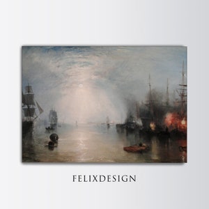 May include: A painting depicting a seascape with ships at anchor in a foggy harbor. The sun is shining through the clouds, creating a bright light on the water. The ships are silhouetted against the light, and the fog creates a sense of mystery and depth.