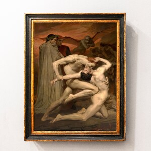 May include: A framed oil painting depicting a scene from Dante's Inferno. Two nude figures wrestle in the foreground, while a figure in a red robe and a winged demon look on in the background.