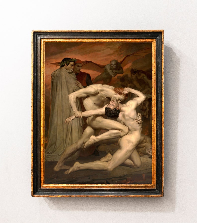 May include: A framed oil painting depicting a scene from Dante's Inferno. Two nude figures wrestle in the foreground, while a figure in a red robe and a winged demon look on in the background.