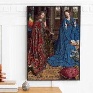Jan Van Eyck - The Annunciation (1436) - Vintage Oil Painting - Museum Quality - Rainbow Wings Angel Blue Red - Wall Art Print - Instant Art