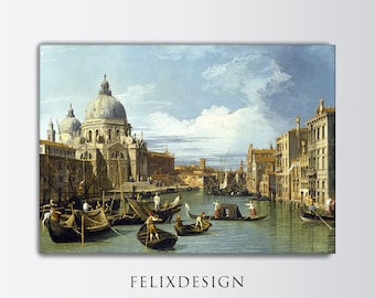 May include: A painting depicting a canal scene in Venice, Italy. The painting features a large church with a dome, several gondolas, and people in traditional clothing. The sky is blue with white clouds.