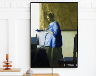 Johannes Vermeer - Frau in Blau Lesebrief (1664) | Antiker Vintage Frauen Portrait Druck | Schlafzimmer Wandkunst | Digitaler Download