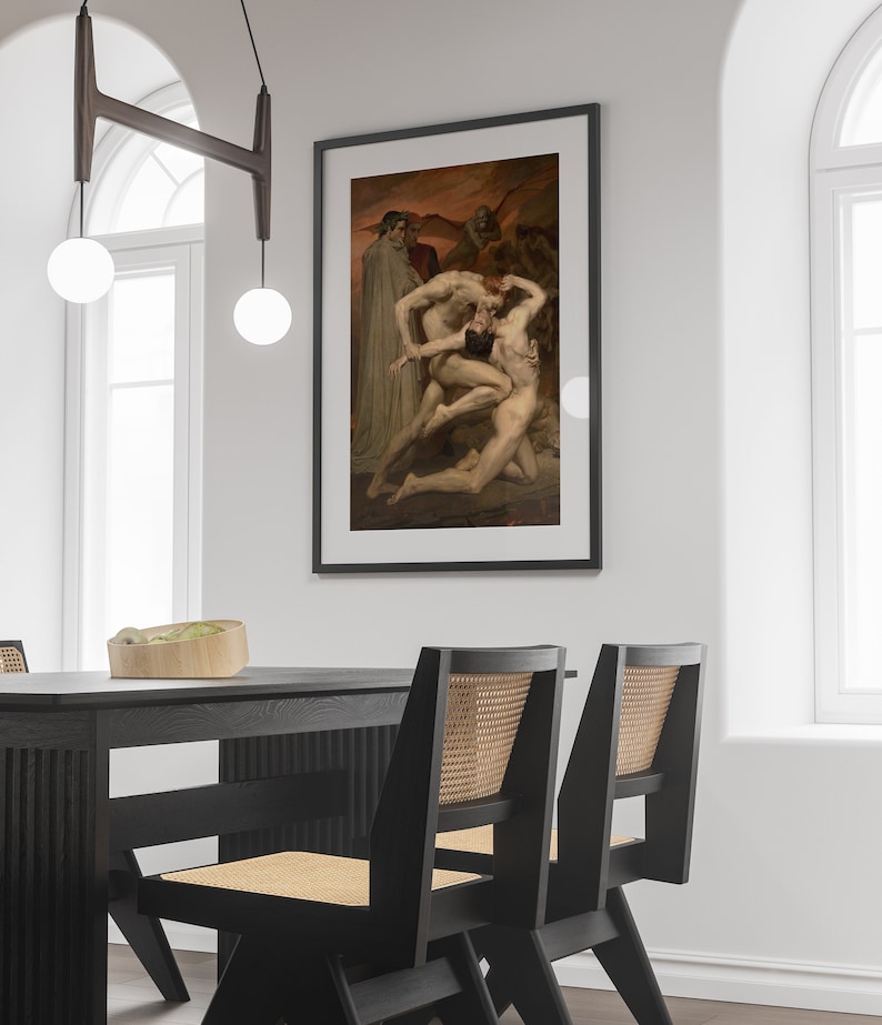 May include: A framed painting depicting a scene of a man being attacked by three other men. The painting is set against a dark, stormy sky. The men are all nude and appear to be struggling.