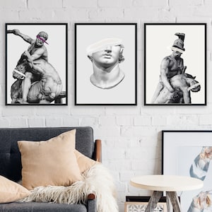 Set of 3, David Statue Print, Rome statue, Print David, Marble Sculpture, Digital download, Greek mythology art, Bust statue, Hercules Print