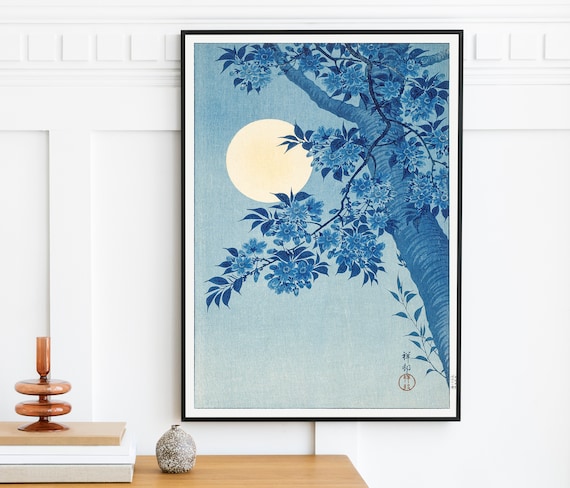 小原古邨作「月夜桜」 - 日本の美術版画複製、浮世絵木版画 - デジタル