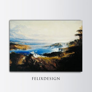 Puede incluir: Una pintura que representa un paisaje con una gran masa de agua, montañas en la distancia y una cascada en primer plano. El cielo es de un azul claro y el agua es de un azul profundo. Las montañas son de un marrón claro y la cascada es de un blanco y gris.