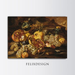 Peut inclure: Une nature morte représentant une variété de fruits, dont des grenades, des raisins et des pêches. Les fruits sont disposés sur une table en bois avec un fond rocheux. La peinture est réalisée dans un style réaliste avec des couleurs et des textures riches.