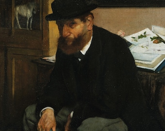 May include: A man wearing a black hat and coat sits in a dimly lit room, holding a small book with a floral illustration. He is surrounded by stacks of books and papers, suggesting a setting of a bookstore or library.