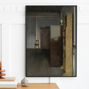 Vilhelm Hammershoi - Living Room with Bookshelves and Writing Desk (1905) | Vintage Painting Danish Gift Wall Art Print | Digital Printable