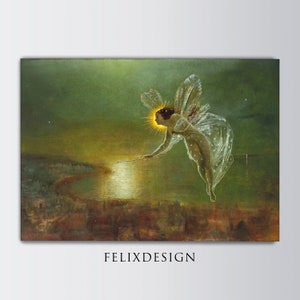 Puede incluir: Una pintura de un hada con alas, volando sobre una ciudad por la noche. El hada sostiene una varita brillante y está rodeada de estrellas. La ciudad está iluminada por la luna y la varita del hada.