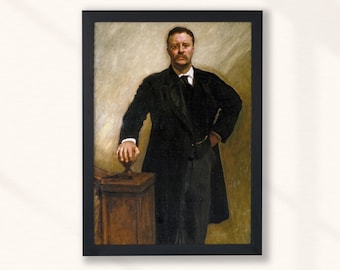 May include: A painting of a man in a dark suit and tie, standing with his hand on a wooden railing. The man has a mustache and a serious expression on his face.