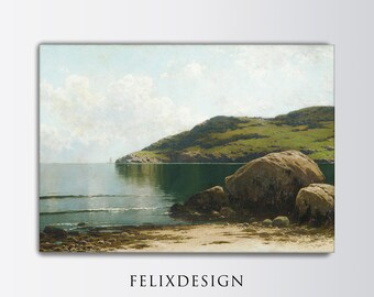 アンティークの海景油絵 | ヴィンテージカントリープリント | 海の絵画