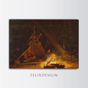 Puede incluir: Una pintura que representa una escena de dos personas acampando en un bosque por la noche. Un pequeño fuego arde brillantemente en primer plano, proyectando un cálido resplandor sobre los árboles circundantes y las figuras. Un refugio simple es visible en el fondo, lo que sugiere un campamento temporal.
