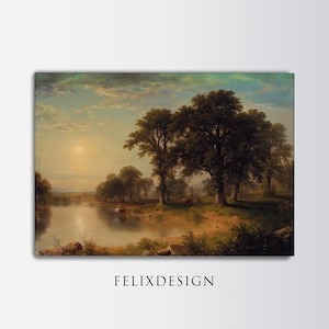 Antique Lake Cow Painting, Vintage Farm Print, Farm Animal Painting, Vintage Farmhouse Decor, Country Landscape, Sunset, Printable Art