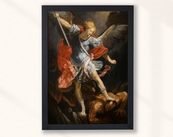 Guido Reni - Archangel Michael Tramples Satan (1635) - Realist Painting Bible Christian Fight Defeats Poster Print Art Home - Digital Art