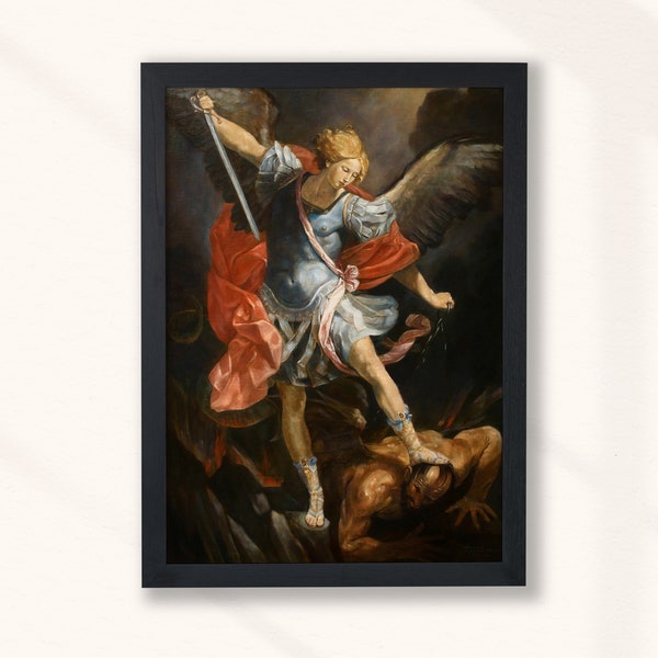 Guido Reni - Archangel Michael Tramples Satan (1635) - Realist Painting Bible Christian Fight Defeats Poster Print Art Home - Digital Art