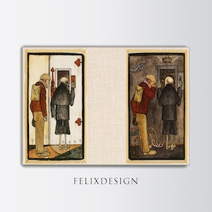 May include: Two figures, one in a brown coat and the other in a black coat, stand in front of a doorway. The figure in the brown coat is holding a staff and the figure in the black coat is holding a scythe. The background is a dark brown color with a few details in white.