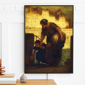 Op de afbeelding: Een schilderij van een vrouw in een bruine jurk die een kind in een blauwe jurk helpt een trap af te dalen. De achtergrond is een stadsgezicht met gebouwen in de verte.