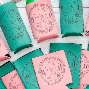 Custom Camp Bachelorette Can Cooler, Personalized Adventure Drink Sleeve
