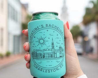 Custom Can Cooler - Charleston Bachelorette Can Cooler - Custom Beach Bachelorette Party Favors - Personalized Cozies - Girls Trip