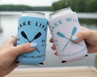 Love On The Lake Bachelorette Can Coolers, Personalized Lake Club Bachelorette Drink Can Sleeves, Camping Bachelorette Party Favors