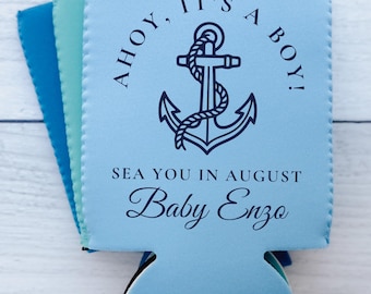 Custom Can Cooler, Baby Shower Favor, Ahoy It's a Boy, Nautical Baby Shower, Sea You Soon, Anchor, Sail, Baby Sprinkle