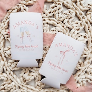 Shes tying the knot, Bachelorette, Tying the knot, Bridal shower, Pink Bow, Personalized Can Cooler, Pink Ribbon, Bachelorette Party Favor
