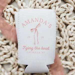 Shes tying the knot, Bachelorette, Tying the knot, Bridal shower, Pink Bow, Personalized Can Cooler, Pink Ribbon, Bachelorette Party Favor