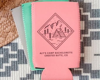 Custom Mountain Bachelorette Can Cooler, Camp Party Favor, Colorado Adventure Gear