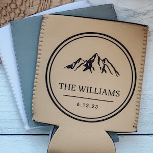 Personalized Wedding Can Cooler, Wedding Favor, Custom Can Cooler, Mountain Wedding, Minimalist, Beer Huggers, Beer Holder, Wedding