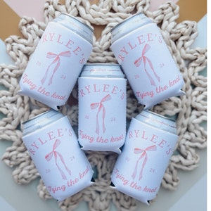 Shes tying the knot, Bachelorette, Tying the knot, Bridal shower, Pink Bow, Personalized Can Cooler, Pink Ribbon, Bachelorette Party Favor