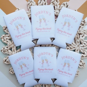 Shes tying the knot, Bachelorette, Tying the knot, Bridal shower, Pink Bow, Personalized Can Cooler, Pink Ribbon, Bachelorette Party Favor