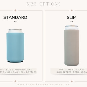 Puede incluir: Imagen que muestra dos aislantes para bebidas. El de la izquierda, azul claro, es para latas est&aacute;ndar de 355 ml y botellas de cuello largo. El de la derecha, beige, es para latas delgadas de 355 ml, agua con gas, cerveza y refrescos.