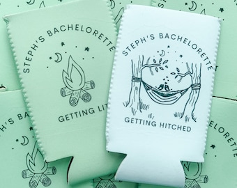 Custom Camp Bachelorette Can Cooler, Mountain Party Favor, Personalized Neoprene Sleeve