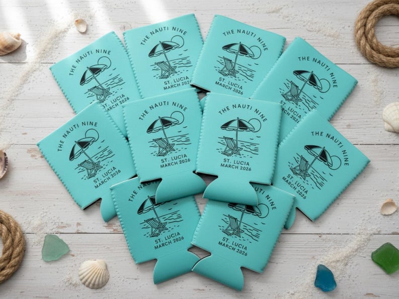 Puede incluir: Un conjunto de enfriadores de latas de color azul claro con la inscripci&oacute;n "THE NAUTI NINE" y "ST. LUCIA MARCH 2026". Cada enfriador presenta una escena de playa con sombrilla y silla.